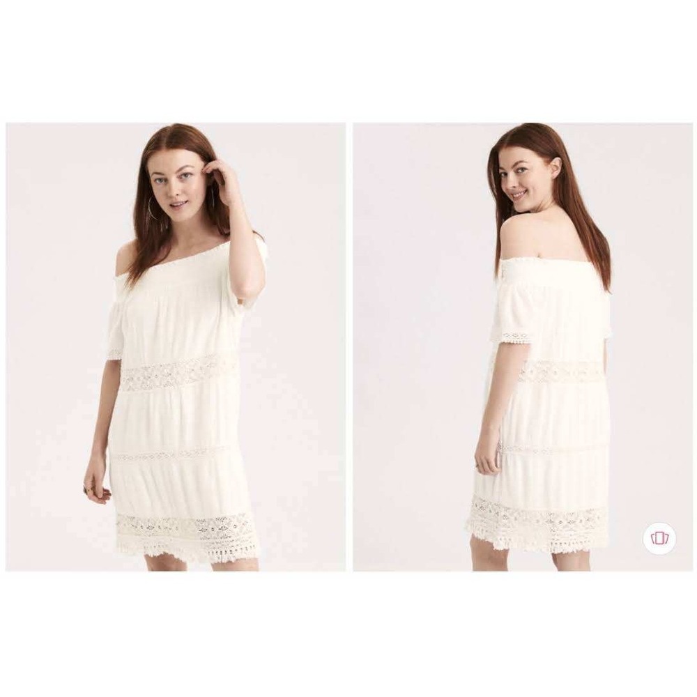 American Eagle White Crochet Lace Off The Shoulder Mini Dress Fringe Hem Medium